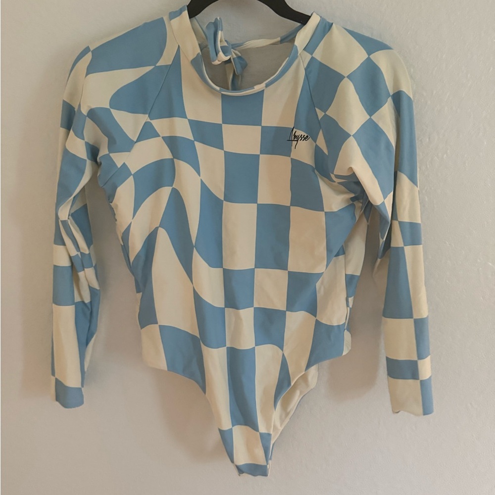 Abyss Blue & White Checker Long-Sleeve One-Piece Swimsuit